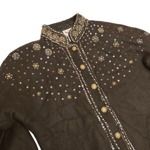 VANGO Sweater S Brown VTG Angora Cardigan Beaded Sequin Pearl Bejeweled